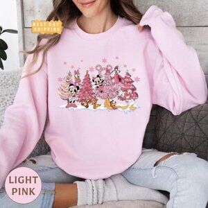 Vintage Disney Mickey Friends Pink Christmas Sweatshirt, Xmas Pink Tree Sweatshi